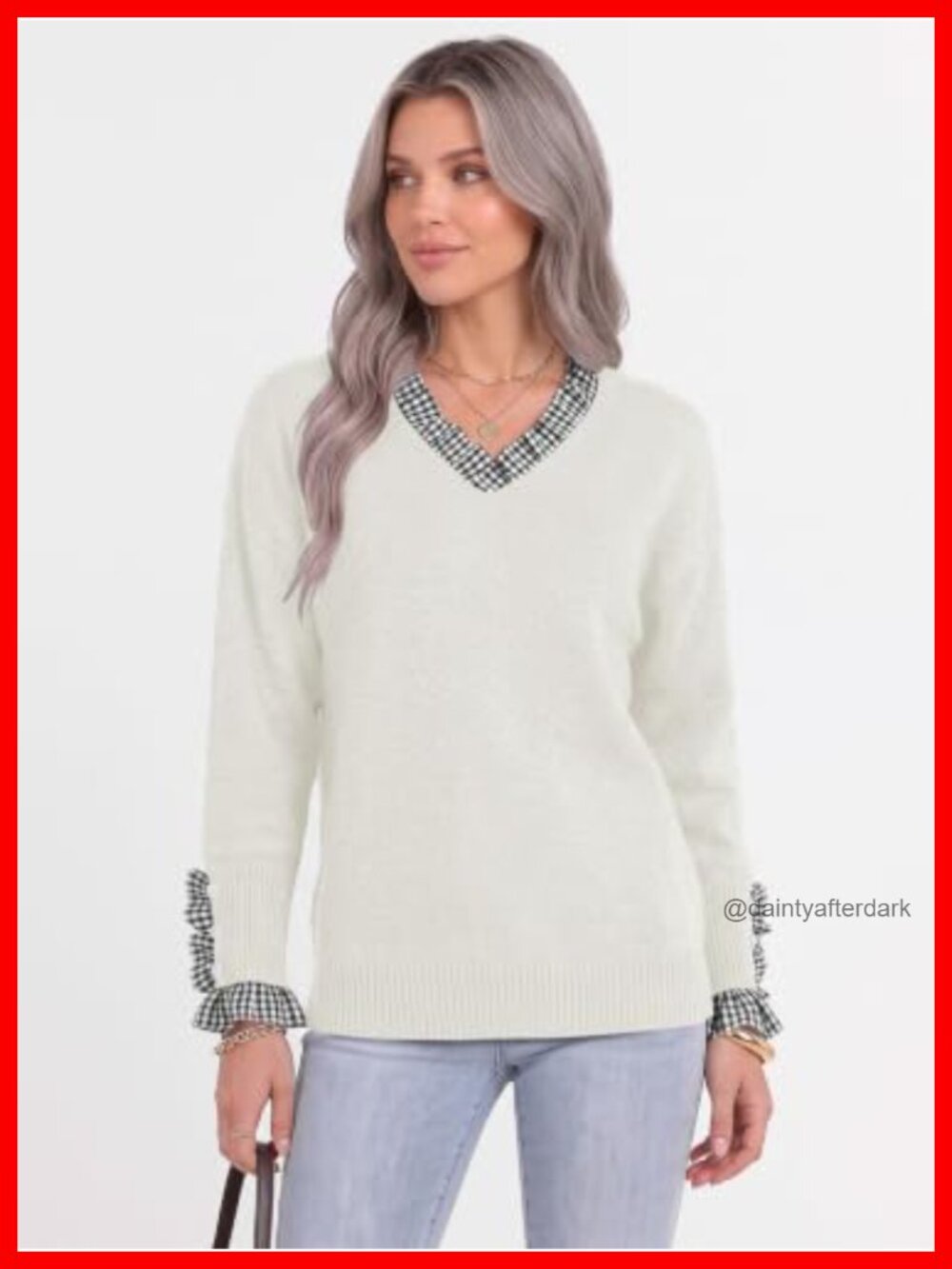 Womens Pullover Sweater 2 in 1 Patchwork Plaid V Neck Knit Top Ruffle - Picture 3 of 5